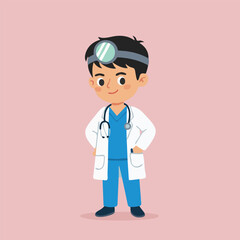 Fototapeta premium Cartoon Doctor Wearing Scrubs and Lab Coat with Head Mirror.