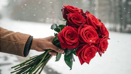 A hand holding a bouquet of red roses in the falling snow, symbolizing love and romance amidst the winter season, perfect for valentines day