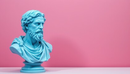 Blue Bust Sculpture of Historical Figure Against Pink Background