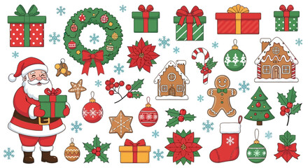 Christmas Icons Collection Santa, Gifts, Wreath and Holiday Decorations