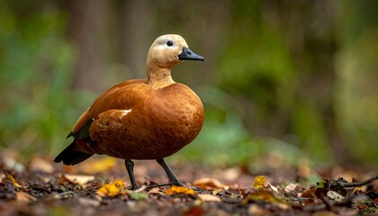An orange and white duck stands confidently on a forest floor, its gaze forward, the background subtly blurred with autumn foliage