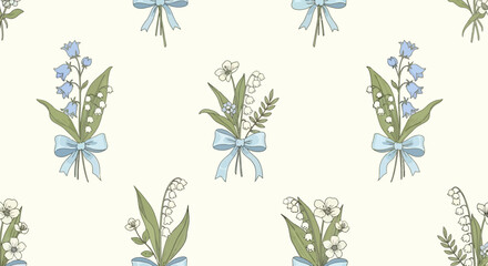 Delicate floral pattern featuring lily of the valley bouquets adorned with charming blue bows on a cream background