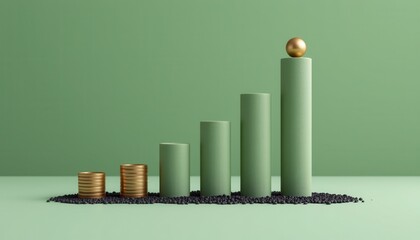 Growth Chart with Green Cylinders, Gold Sphere on Top, and Stacked Coins on a Green Background