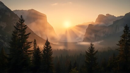 Golden sunrise over misty mountains with soft fog and pine trees, cinematic lighting, tranquil valley view, ultra-realistic nature landscape perfect for travel, serenity, and nature art.