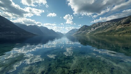 Peaceful crystal lake reflecting majestic mountains and cloudy sky, photorealistic natural landscape, vibrant colors, calm mood, perfect symmetry, high-resolution daylight scenery, no people.