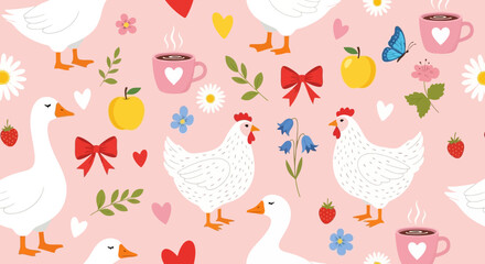 Whimsical Farmyard Delight A Charming Pattern of Chickens, Geese, and Floral Elements