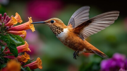 Obraz premium Hummingbird flying near flower, drinking nectar in vibrant garden, with colorful blurred floral background