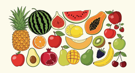 Variety of Fresh, Colorful Fruits Pineapple, Watermelon, Apples, and More on a White Background