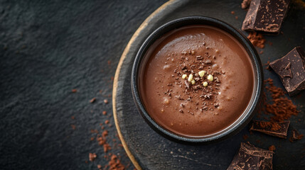 Delicious chocolate mousse dessert with chocolate chunks in a dark bowl. rich and creamy chocolate mousse is a perfect treat for any occasion, offering a delightful indulgence.