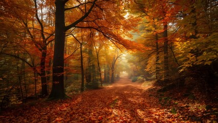 Beautiful autumn forest landscape with golden leaves, warm sunlight through trees, peaceful pathway, cinematic composition, HDR realism, perfect for travel, nature, and seasonal designs.