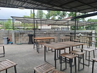 Fototapeta premium Empty Outdoor Canteen with Metal Tables
