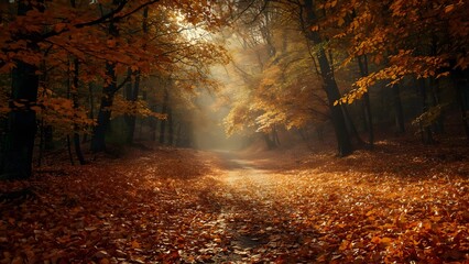 Beautiful autumn forest landscape with golden leaves, warm sunlight through trees, peaceful pathway, cinematic composition, HDR realism, perfect for travel, nature, and seasonal designs.