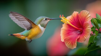 Obraz premium Hummingbird Feeding Nectar from Hibiscus Flower in Lush Garden, Vibrant Colors, and Exotic Beauty
