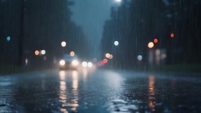 Moody rainy night with glistening wet road, perfect for atmospheric scenes, urban stories, and evocative weather themes, creating a sense of peace and reflection