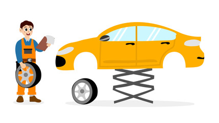 Car service station. Mechanic at a garage workshop. Wheel and tire installation services. Transportation solutions, tire maintenance. Car repair and service. Mechanic repairs and diagnostics car 