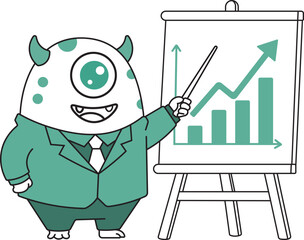 Cute monster mascot character in a business suit presenting a rising bar chart symbolizing growth, success, and progress. Flat vector illustration perfect for marketing, finance, startup, and business