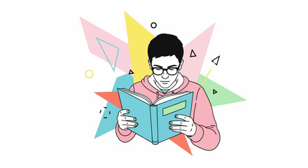 Young Person Immersed in Reading A Study in Knowledge and Learning, Surrounded by Shapes