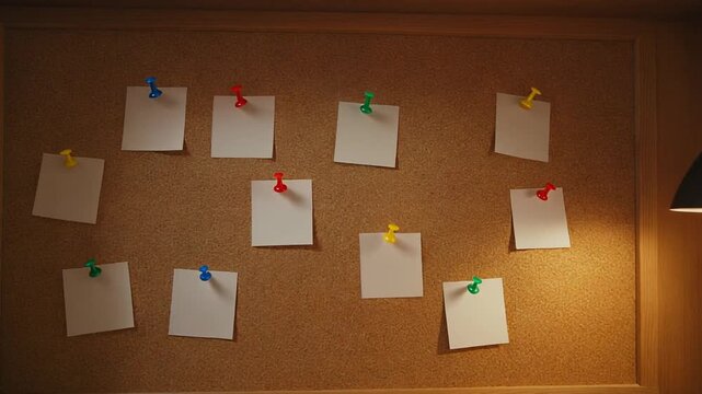 Cork board notes pinned under warm desk lamp light