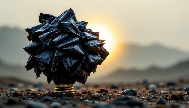 Unique Art Composition Featuring Black Crumpled Object Under Sunrise with Rocky Landscape in Background