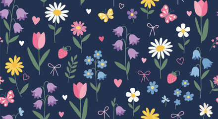 Delightful Floral Pattern with Blossoms, Butterflies, and Hearts on a Dark Background