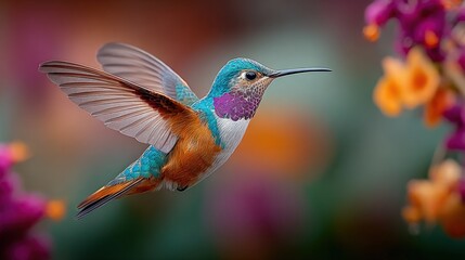 Obraz premium Vibrant Hummingbird in Flight Amidst Colorful Flora, Capturing Nature's Beauty and Precision in a Detailed Image