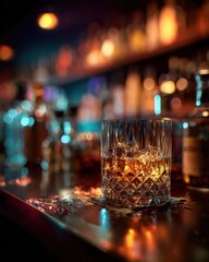 Whiskey glass with ice on a bar counter, moody lighting, alcoholic beverage close-up