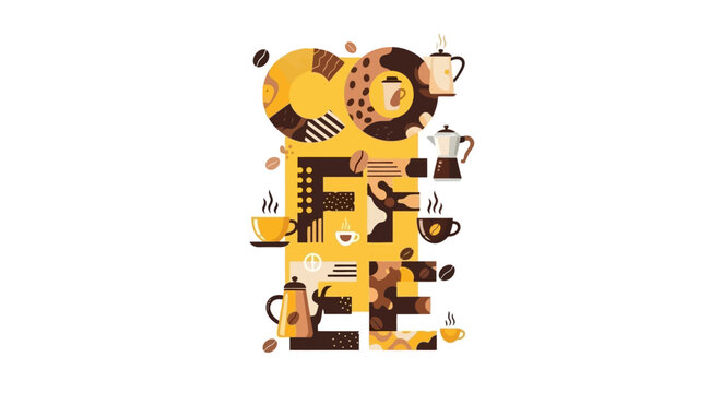Coffee-themed typography illustration with cups, beans, and pots in a creative display for designs