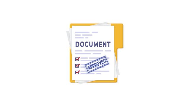 4K animation of Document Review With Magnifying Glass And Approved Stamp Inside Yellow Folder, which symbolizes verification, quality control, and formal documents in business context.