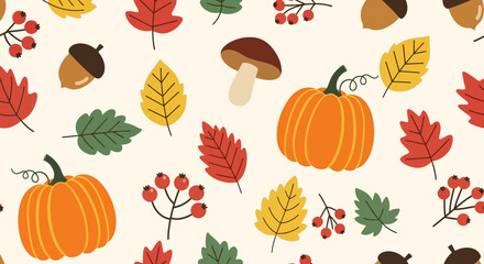 Fall Harvest Seamless Pattern Pumpkins, Leaves, and Berries - Autumnal Design for Seasonal Projects
