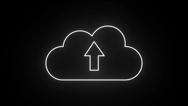 White neon cloud upload icon animation loop on black background in 4K