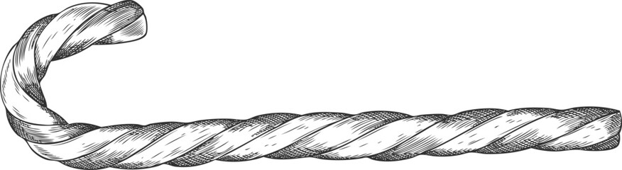 Christmas treat striped candy cane engraved hand drawn vector illustration, sweet stick festive decoration sketch