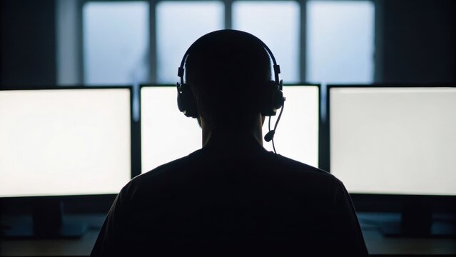 Silhouette of a person wearing a headset in front of three illuminated computer screens, suggesting a tech or gaming environment.