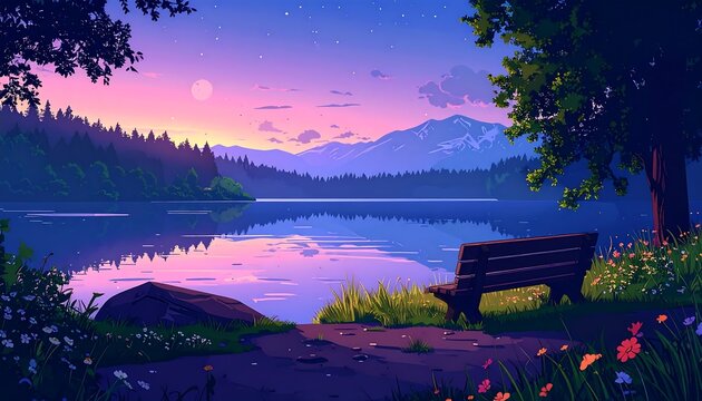 Serene evening scene with mountains reflecting on the still lake - Powered by Adobe
