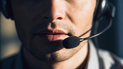 Close-up of a man wearing a headset, focusing on his mouth and chin, suggesting communication and engagement in a professional setting.
