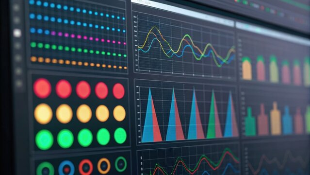 Data visualization with colorful graphs and indicators displayed on a digital screen, showcasing analytics and metrics.