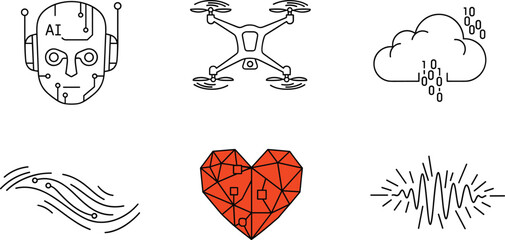 Technology and data line icons of AI, drone, cloud computing, signal, emotion, and digital flow for futuristic vector illustration