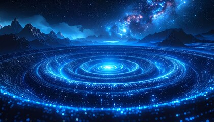 A cosmic landscape depicts a vibrant swirling vortex of blue light emanating from a central point, set against a star-filled sky