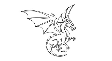 Obraz premium Black Line Art Dragon Illustration – Flying Mythical Creature Tattoo Design, Fantasy Winged Dragon Outline, Minimalist Vector for Logo, Emblem, Mascot, and Graphic Design Elements