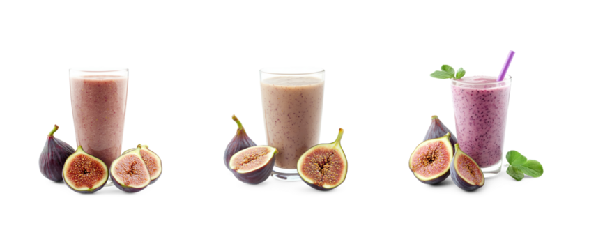 Collection of fig smoothie, smooth and full of natural sweetness. full length isolate on transparent background