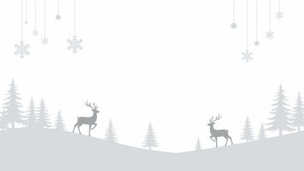 A serene, monochromatic winter landscape featuring two reindeer silhouettes among pine trees under falling snow.