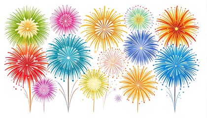 A vibrant collection of colorful fireworks bursts against a clean white backdrop, creating a festive and celebratory atmosphere