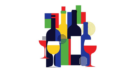 Abstract Geometric Wine Bottles and Glasses Illustration A Colorful Bar Aesthetic