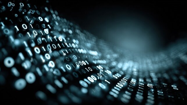 Abstract Digital Data Stream: Binary Code Flowing in a Modern Technological Landscape Illustration