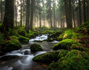 Serene forest scene with a flowing stream and mossy rocks
