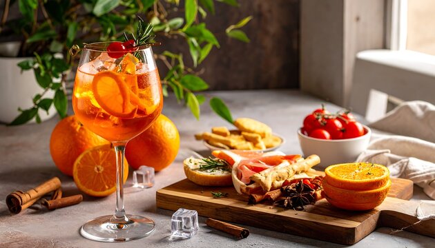 A vibrant cocktail with orange slices, cherries, and rosemary, near appetizers, oranges, and tomatoes