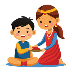Indian Siblings Celebrating Festival Sharing Sweets Vector Illustration