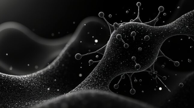Microscopic view of a dark textured biological structure with glowing particles - Powered by Adobe