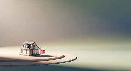 A miniature house with a sold sign on a round platform against a gradient background.
