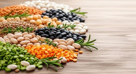A colorful assortment of beans and lentils on a wooden table.