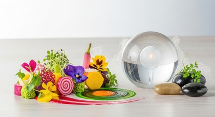 A colorful arrangement of flowers, fruits, and vegetables on a white table with a glass ball and rocks.